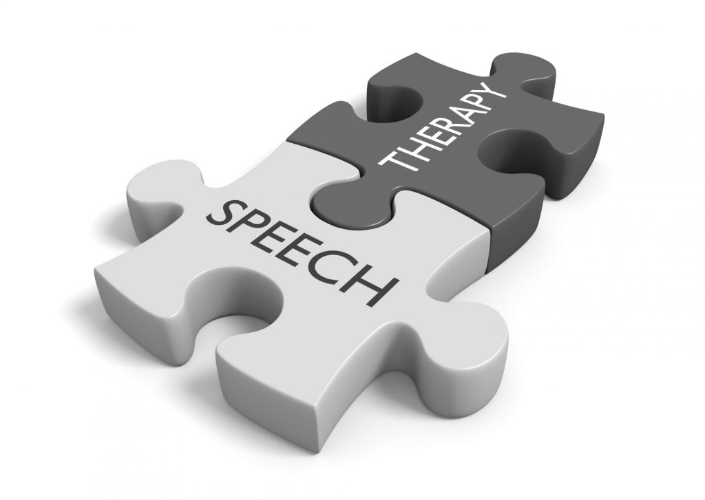2 black and shite puzzle pieces linked together saying Speech Therapy